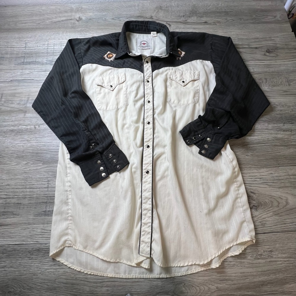 Mid-West Garment Co Western Snap Shirt Mens XL Black Cream Bison Striped Cowboy